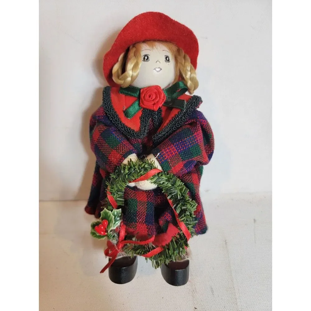 Wood Girl Christmas Wreath Red Green Plaid‎ Felt Hat Blond Hair R.O.C. Holidays